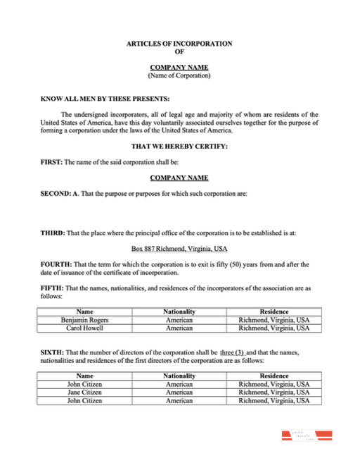USA Virginia articles of incorporation Word and PDF template